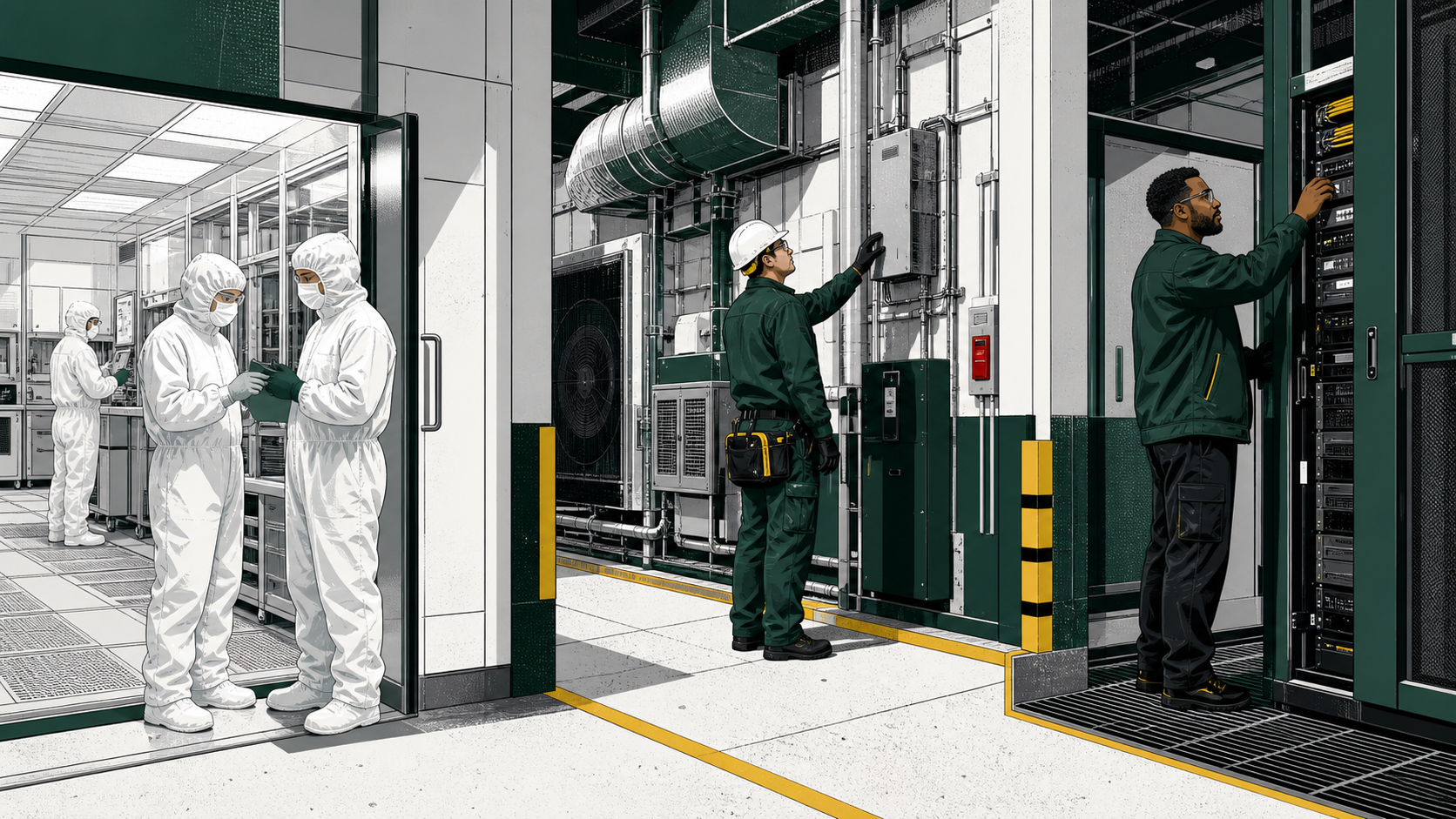 Illustrated cleanroom, facility maintenance and industrial IT teams working in adjacent operational zones