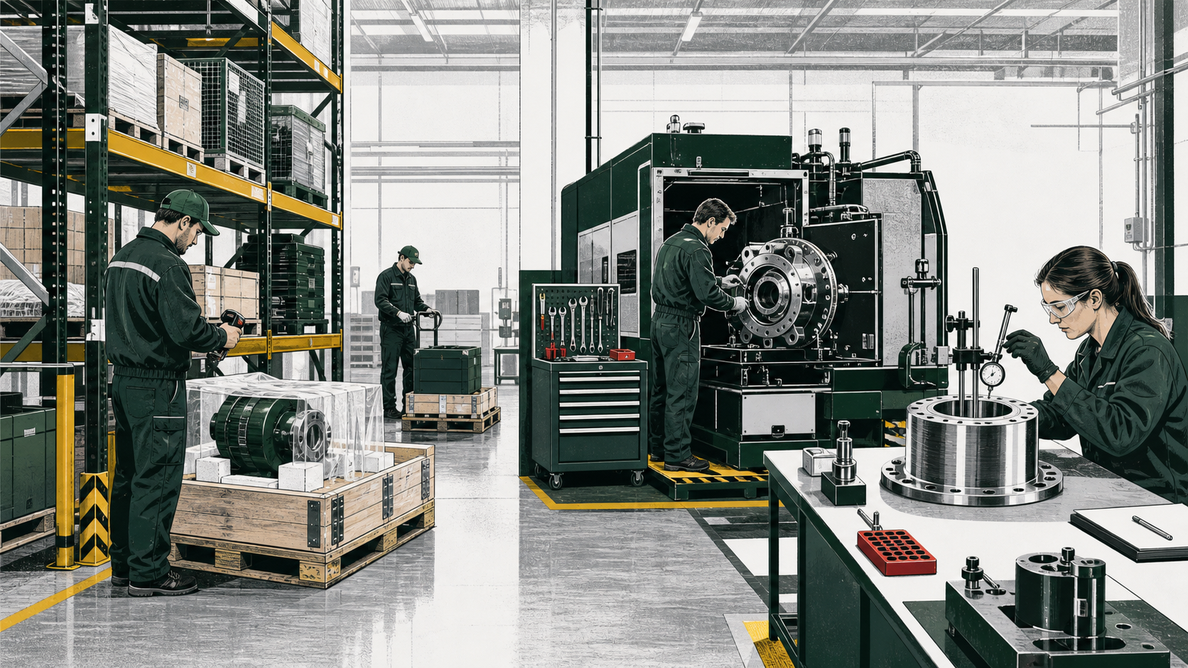 Illustrated warehouse, industrial packaging, equipment maintenance and quality inspection workflow